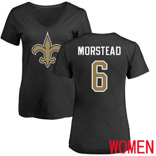 New Orleans Saints Black Women Thomas Morstead Name and Number Logo Slim Fit NFL Football #6 T Shirt